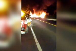 Ônibus que transportava 41 passageiros é destruído após incêndio na BR-163; assista