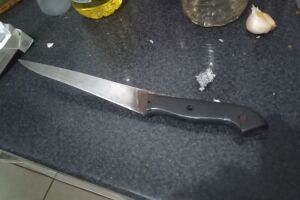 A Polícia Civil foi até o endereço e apreendeu duas facas que estavam no imóvel. 
