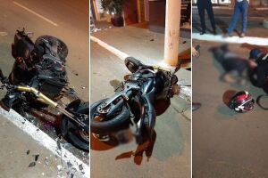 Motociclista bate em poste e tem moto destruída em Batayporã