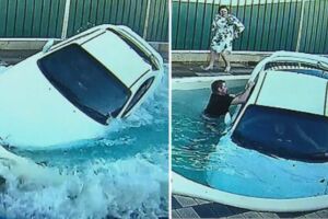 Mulher sem CNH perde controle, invade casa e cai em piscina com carro (vídeo)