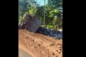 Carreta tomba após bater em árvore e motorista fica ferido em Ponta Porã