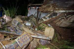 Caminhão carregado de carne tomba e deixa motorista ferido na MS-276, em Batayporã