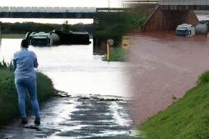 Caminhão fica mais da metade submerso debaixo de viaduto na BR-163 MS