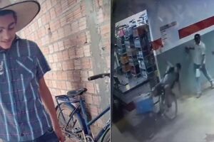 Menino que vende salgados é humilhado por dois homens e cai de bicicleta (vídeo)