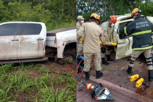 Acidente entre caminhonetes deixa motorista preso às ferragens em Corumbá