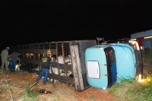 Caminhão tombou nas margens da rodovia