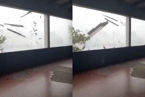 Pedaços da cobertura e do telhado voam com a tempestade