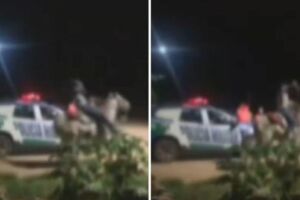 Montado em cavalo, homem tenta laçar policial militar (vídeo)