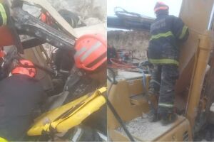 Trabalhador fica preso em máquina escavadeira após desmoronamento de terra em Corumbá (vídeo)
