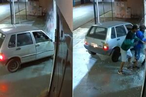 Flagrante: bandidos estouram vidro de loja e furtam capacetes no São Jorge da Lagoa (vídeo)
