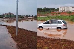 Chuva forte faz piscinão transbordar e deixa veículos ilhados em Três Lagoas (vídeo)