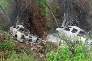 Caminhonete pegou fogo após o acidente