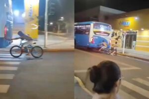 Jovens se arriscam na rabeira de ônibus e um 'voa' com bicicleta em Dourados (vídeo)