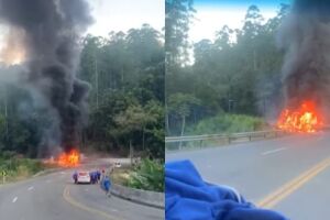 Batida entre carro, carreta e ônibus mata 2, fere 12 e fecha a BR-280