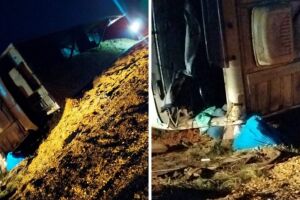 Carreta tomba e motorista morre preso às ferragens na MS-141
