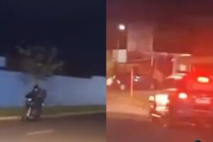Sem placa na moto, motoentregador tenta dar fuga no Choque e se dá mal em Campo Grande (vídeo)