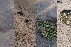Asfalto 'casca de ovo' esfarela e buracos reaparecem em rua do Aero Rancho