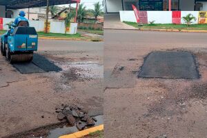Ignorados pela prefeitura, moradores aplicam tapa-buraco por conta pr&oacute;pria no Parque dos Laranjais