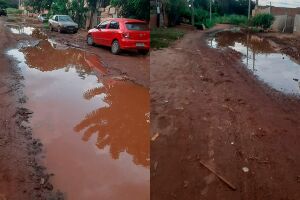 A &aacute;gua acumulada ocupa quase toda a extens&atilde;o da rua no bairro Aguadinha 
