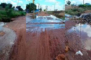 Cratera e vazamento de &aacute;gua na   Avenida Ministro Jo&atilde;o Arinos est&aacute; causando transtornos para quem precisa passar pelo local 