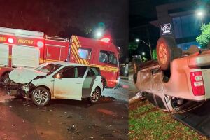 Batida entre carros deixa caminhonete capotada em Dourados