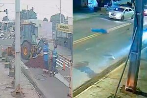 Motociclista em alta velocidade ignora sinaliza&ccedil;&atilde;o e cai em buraco de obras no Leblon (v&iacute;deo) 