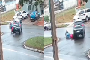 Motociclista atingida por carro chegou a ficar presa embaixo do ve&iacute;culo em Chapad&atilde;o do Sul (v&iacute;deo)