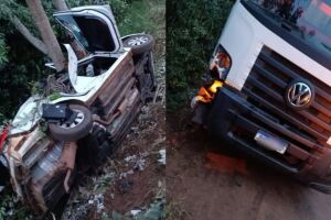 Motorista bate em caminh&atilde;o e capota carro na BR-163, em Navira&iacute; 