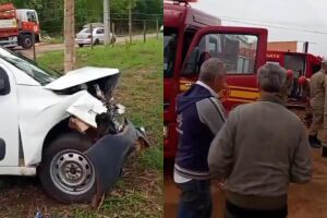 Batida entre carro e Fiorino deixa ve&iacute;culos destru&iacute;dos e derruba at&eacute; placa em Campo Grande (v&iacute;deo)