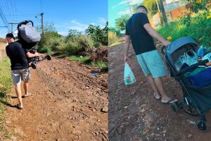 Fam&iacute;lia precisa carregar carrinho de beb&ecirc; para conseguir passar por rua do Jardim Moema (v&iacute;deo)