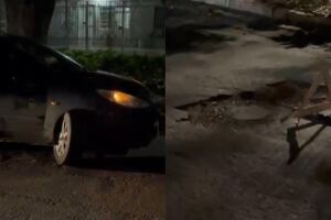 Para quem envia a conta? Motorista rasga pneu em buraco na Vila Sobrinho (v&iacute;deo)