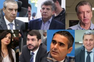 Da esquerda para direita: Paulo Corr&ecirc;a (PL), L&iacute;dio Lopes (Avante), Dagoberto Nogueira (PP), Mara Caseiro (PL), Jamilson Name (PP), Herculano Borges e o atual conselheiro do Tribunal de Contas do Estado (TCE-MS), S&eacute;rgio de Paula