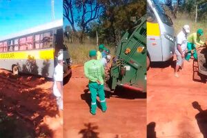 &Ocirc;nibus escolar atola em rua enlama&ccedil;ada e &eacute; auxiliado por caminh&atilde;o da Solurb (v&iacute;deo)