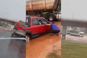 Temporal deixa picape presa em meio &agrave; enxurrada no Noroeste (v&iacute;deo)