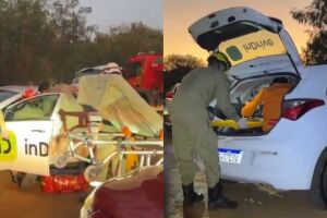 Motorista perde controle de dire&ccedil;&atilde;o ao desviar de buraco e bate carro em poste no Guanandi (v&iacute;deo)