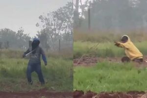 Homem bate no peito com fac&atilde;o enquanto amea&ccedil;a fazendeiro durante invas&atilde;o em Dourados (v&iacute;deo)