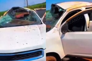 Caminhonete com crian&ccedil;a e quatro adultos capota em distrito de Sidrol&acirc;ndia (v&iacute;deo)
