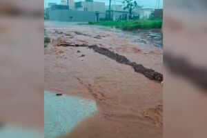 Rua vira 'rio' no Morada dos Deuses e morador improvisa barreira contra enxurrada