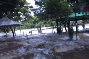 Vídeo: Rio transborda e forma correnteza por todo o Balneário de Bonito