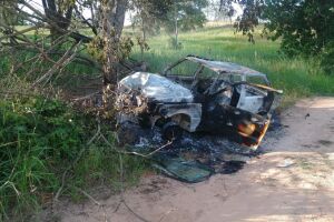Carro bate em árvore, pega fogo e mata idoso em estrada vicinal