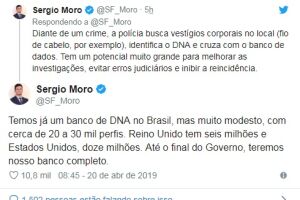 Banco de DNA ficará completo até final do governo, diz Moro
