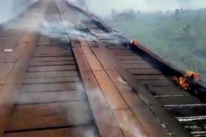 Incêndio atinge ponte da Estada Parque no Pantanal e via é interditada
