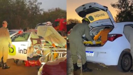 Equipes do Corpo de Bombeiros retiraram a v&iacute;tima do ve&iacute;culo pelo porta-malas 