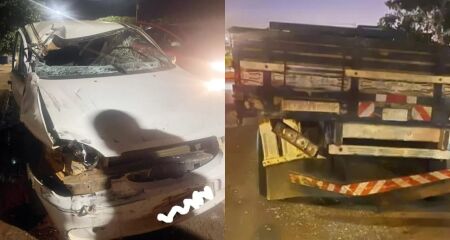 Motorista bate em traseira de caminhão e foge com carro destruído em Chapadão do Sul 