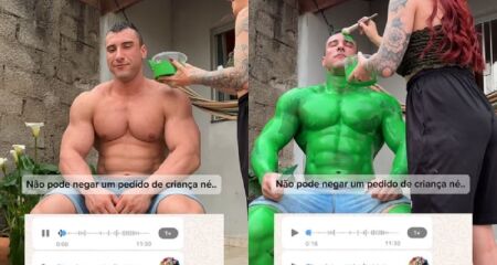 O fisiculturista Douglas Lopes se transformou no Hulk a pedido do sobrinho Isaque, que queria o personagem em sua festa de aniversário