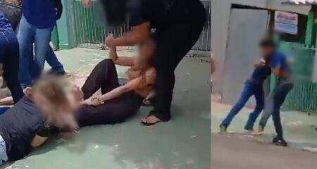 Duas meninas e dois meninos foram flagrados rolando trocando tapas e socos na porta de uma escola estadual