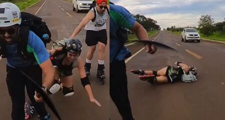 Aventura em 8 rodas termina em acidente com patinadora ralada em rodovia