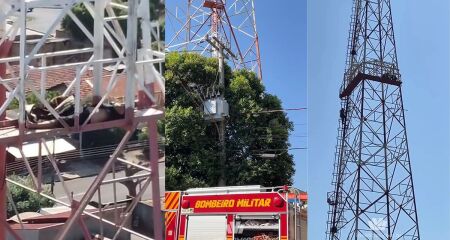 Homem foi socorrido pelos bombeiros no alto da torre