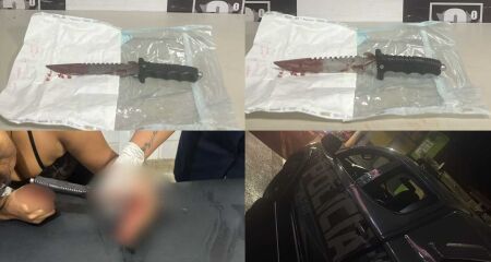 Mulher chegou ao hospital com a faca ainda cravada na mão
