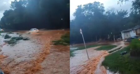 Após escoamento da água, há muito lama e sujeira pela via